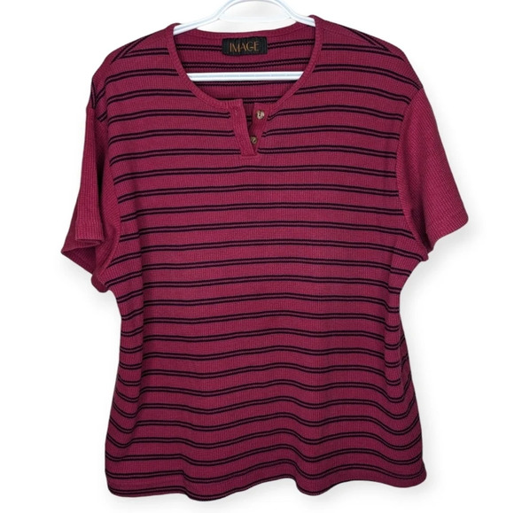 Vintage IMAGE Burgundy Pink & Navy Striped 1/4  Button Neck T Shirt Large - Picture 1 of 7